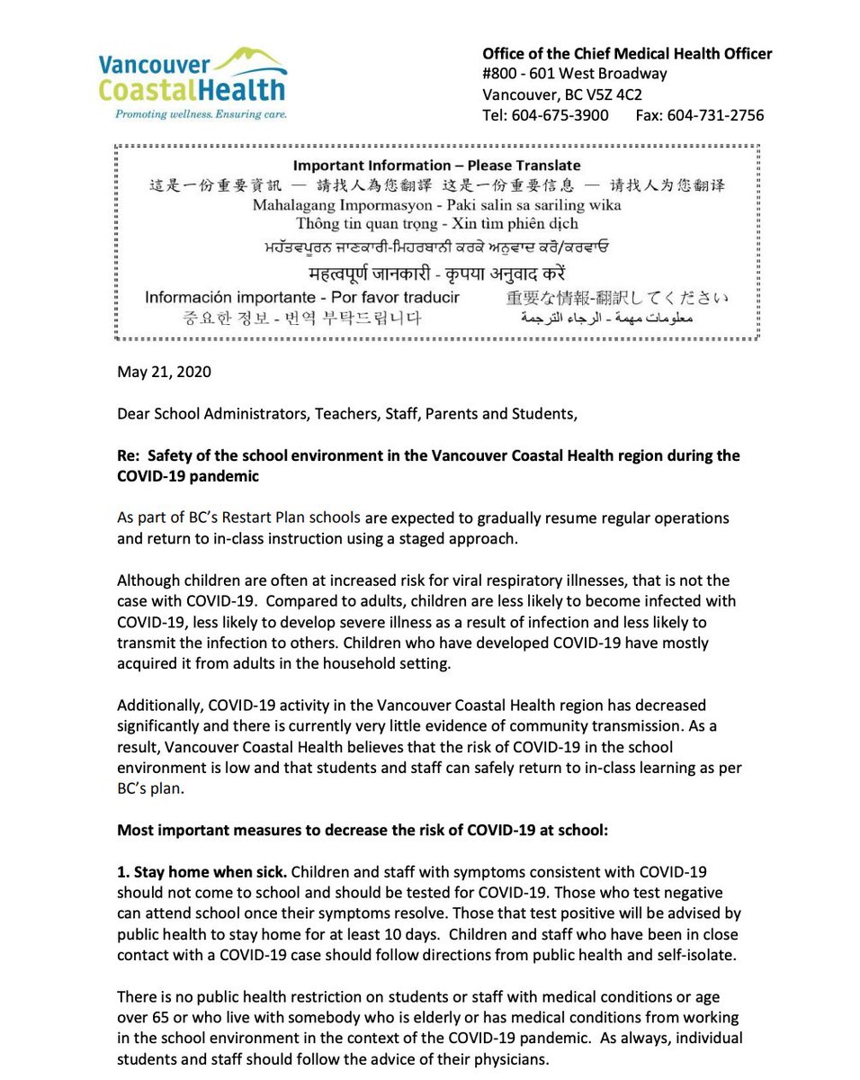 As part of BC’s Restart Plan, schools are expected to gradually resume regular operations & return to in-class instruction using a staged approach. Read  @VCHhealthcare’s letter addressing safety of the school environment during the  #COVID19 pandemic:  https://www.vsb.bc.ca/News/Documents/sbfile/200521/COVID%20VCH%20Schools%20May%2021%202020-translationbox.pdf 5/10