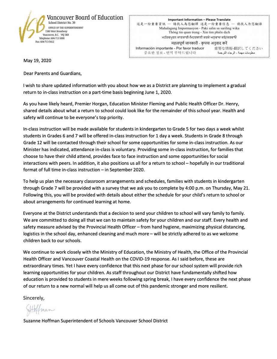  #VSB39 families will be provided with a schedule for their child’s return to school or arrangements for continued learning at home. Read more in superintendent  @SAHoffman’s letter to families:  https://www.vsb.bc.ca/Student_Learning/Continuity_of_Learning/Pages/Message-to-Parents.aspx 2/10