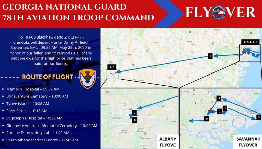 MEMORIAL DAY FLYOVER: On #MemorialDay, helicopters of the Georgia Army National Guard will fly over north and south Ga. in honor of our fallen and to remind us all of the debt we owe for the high price that has been paid for our liberty. #GeorgiaGuardRemembers #GeorgiaStrong