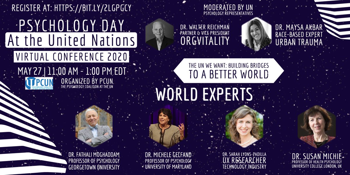 UNPsychologyDay's tweet photo. Join us online next week on Wednesday, May 27, 2020 at 11AM to celebrate the 13th Annual Psychology Day "UN75 The Multilateralism We Want: Psychological Contributions to Building Bridges Among and Within Nations" with @DrMaysaAkbar @MicheleJGelfand @SLyonsPadilla @SusanMichie https://t.co/1fVUXo5qkn
