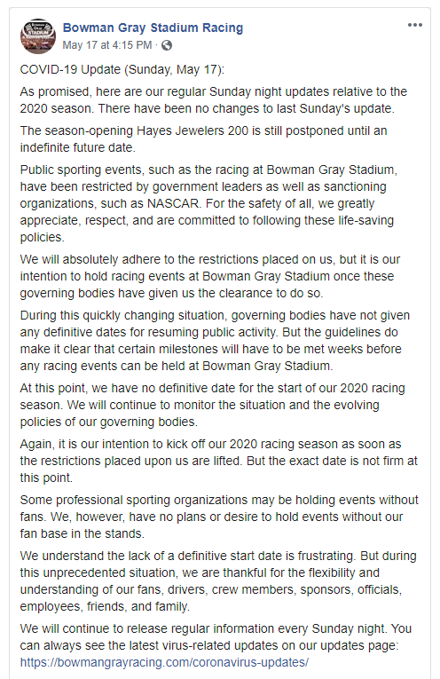 There is word that some Bowman Gray regulars will try to race at Ace Speedway this weekend. Bowman Gray remains closed based on their last regular Sunday update with no definitive date to reopen until they have clearance to open with fans. https://bit.ly/3gejZr8 