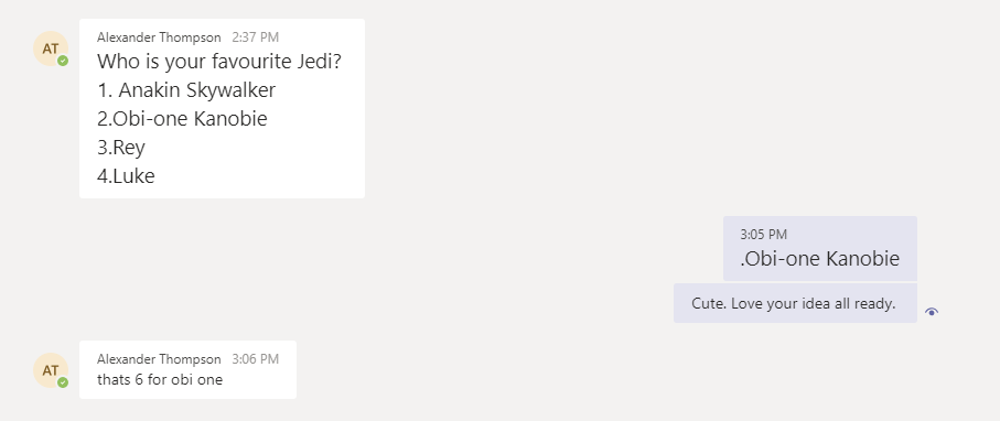 HenDaniel2's tweet photo. Using @MicrosoftTeams for learning about data management.  Students created their own surveys using the teams chat to collect and analyze data. Love this one. #Grade34Math fun! @niakwaLRSD @MicrosoftEduCA https://t.co/fTlTU9jl8a