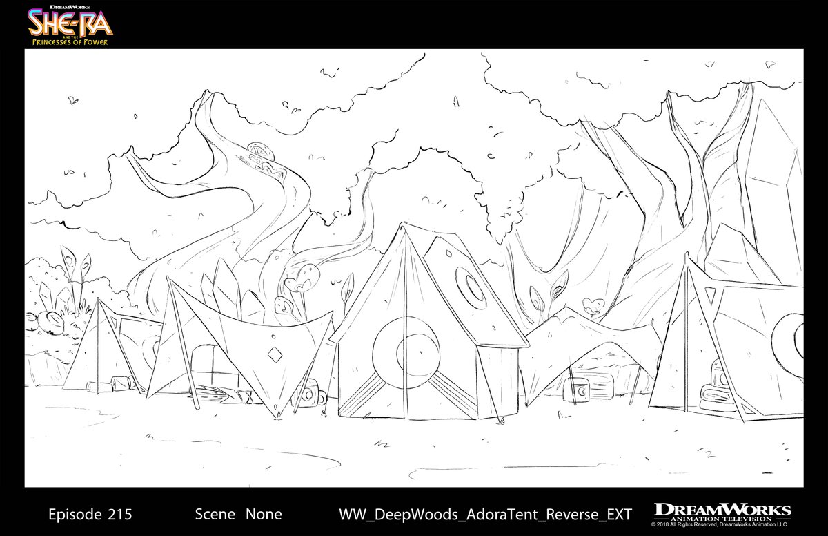 She-Ra S5 also gave me a chance to explore different design roles! I got to design a few backgrounds from the Rebellion campsite. These were done in rough line and then later passed on to  @tikimachine (clean line artist extraordinaire) to be cleaned up!  #SheRa