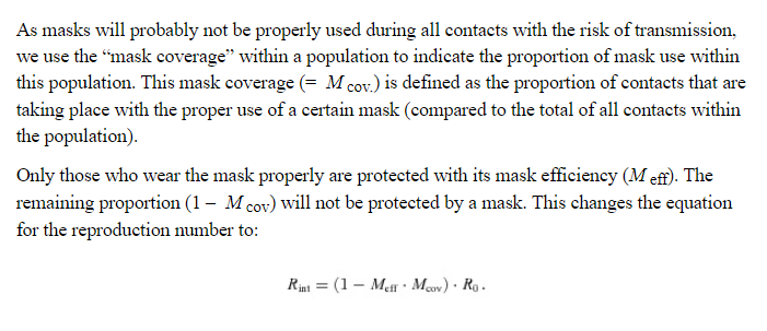 6/ The paper assigns values to probability the mask effectiveness (Meff), probability that masks will be used (Mcov), and the reproductive number (R0). We will rename "mask effectiveness" to "mask benefit" going forward.