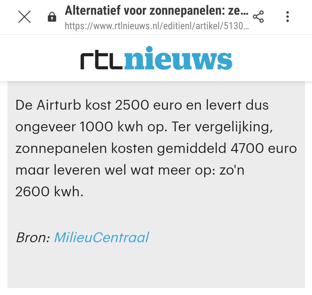 Left: text box, suggesting that both the production of this Airturb and of solar panels have been checked with govt sponsored information site  @Milieucentraal.Right: follow that link, and you’ll find out that it only has the solar production number.
