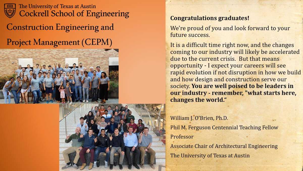 UtCepm's tweet photo. [UT CEPM Virtual Graduation Ceremony - May 22nd]
Congratulations Class of COVID-19! 
We're very proud to have you as our alumni and wish you success in all your future endeavors.
Congratulations again and thanks to everyone for your participation today. 
#UT #CEPM #Graduation2020 https://t.co/uxi6geCo9A