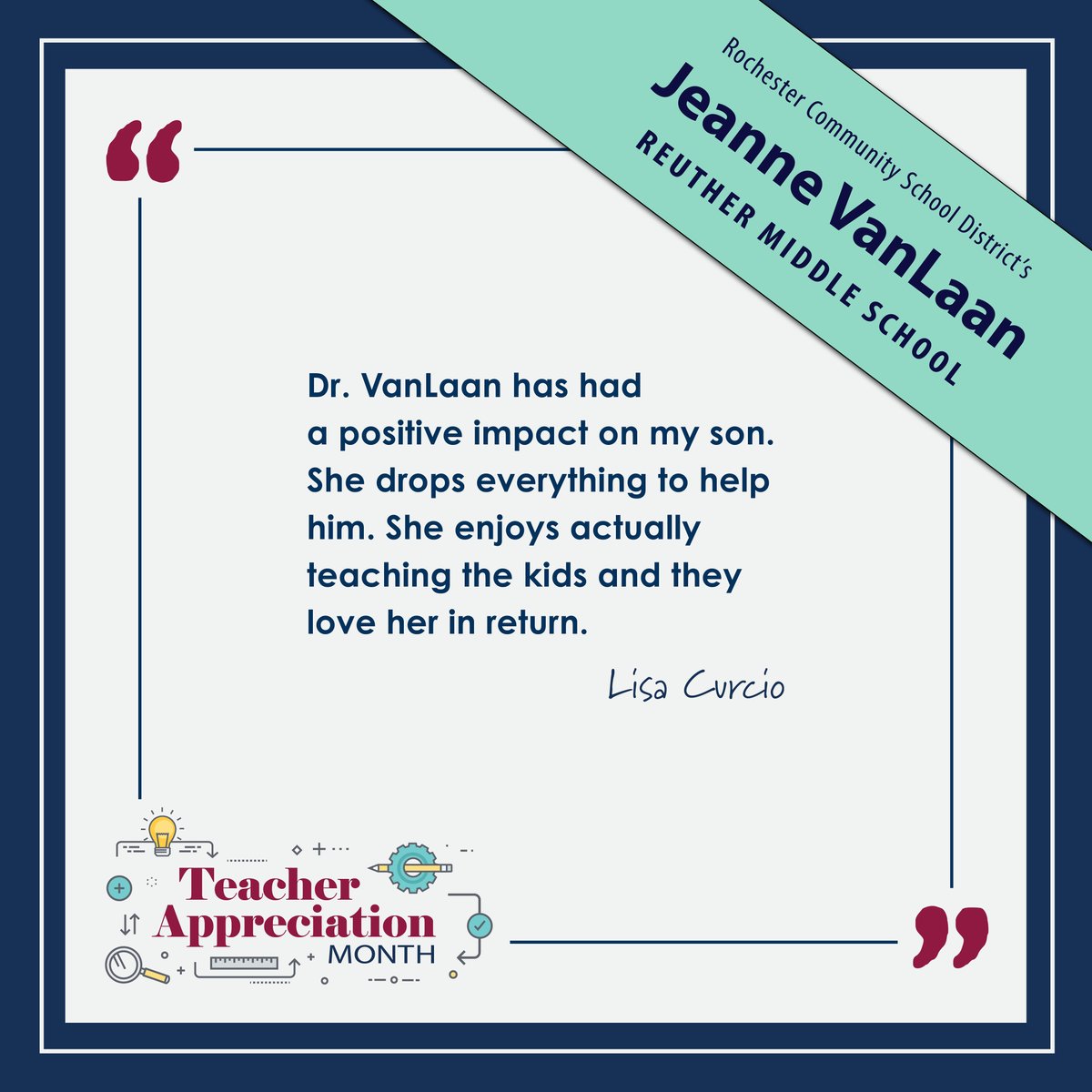 MIEducator's tweet photo. We’re wrapping up today’s #MIteachAppreesh shout-outs with love for Jeanne VanLaan at Reuther Middle School in @rochcommschools from Lisa Curcio. #ThankATeacher #miched #MIeducation #proudMIeducator https://t.co/d1DAK64Qt0