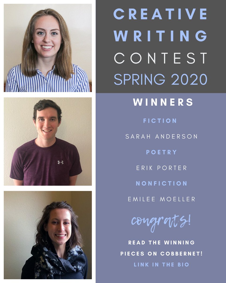 Congratulations Emilee, Erik, and Sarah! It is our honor to present you as the winners of the Spring 2020 Creative Writing Contest! 

Link to read submissions: cobbernet.cord.edu/directories/pr…