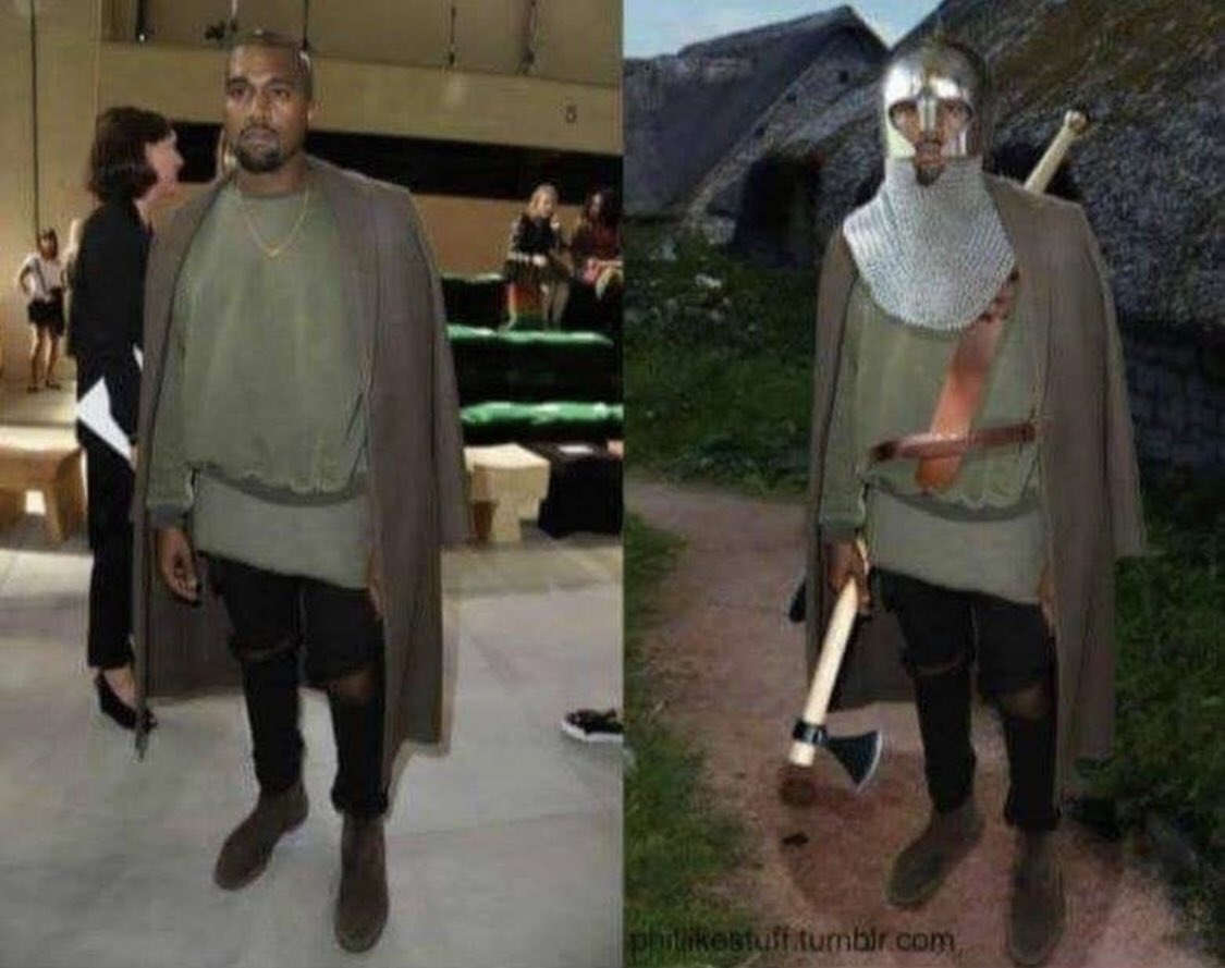 hawntedIG's tweet photo. Kanye dressed as a level 1 RPG Character https://t.co/MrpBpMDlOi