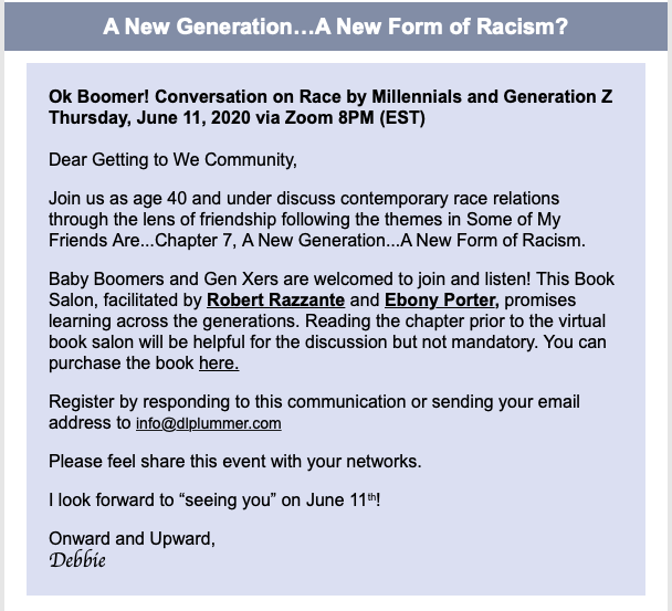 RobRazzante's tweet photo. Please join us for a conversation on cross-racial friendships!

Thursday, June 11, 2020 via Zoom 8PM (EST). 

Email info@dlplummer.com to register! https://t.co/a2WkhF1MpL