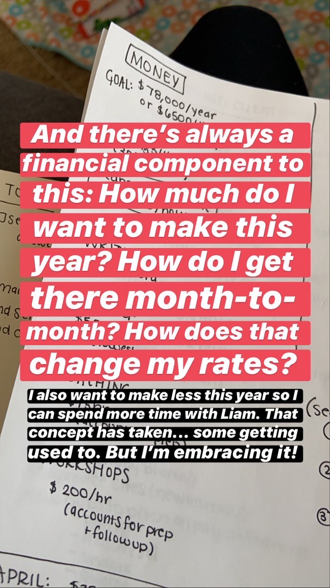 And, of course, there's also the financial component. This year I want to make less than I have in past years because I want to spend more time with my kid. That's new! And has taken some getting used to! But I worth it down, defined my new rates & mathed my monthly income goal.