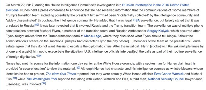 OK, let's break down what a joke  @Wikipedia is.Here's what's up on Nunes' Wiki page. The editors there are **claiming** Nunes was shown the Flynn/Kislyak phone call intercepts, & Nunes **lied** when he said the unmasked intercepts he was shown had nothing to do with Russia.