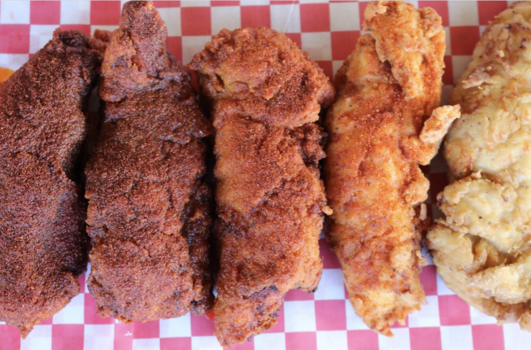 What spice is right for you? Check out this Rocky's rainbow of deliciousness and let us know. From right to left: Extra Hot, Rocky's Hot, Medium, Mild, Plain Traditional.  #spicy #hotchicken #nashvillechicken #yummy #ashevillenc #asheville #localeats