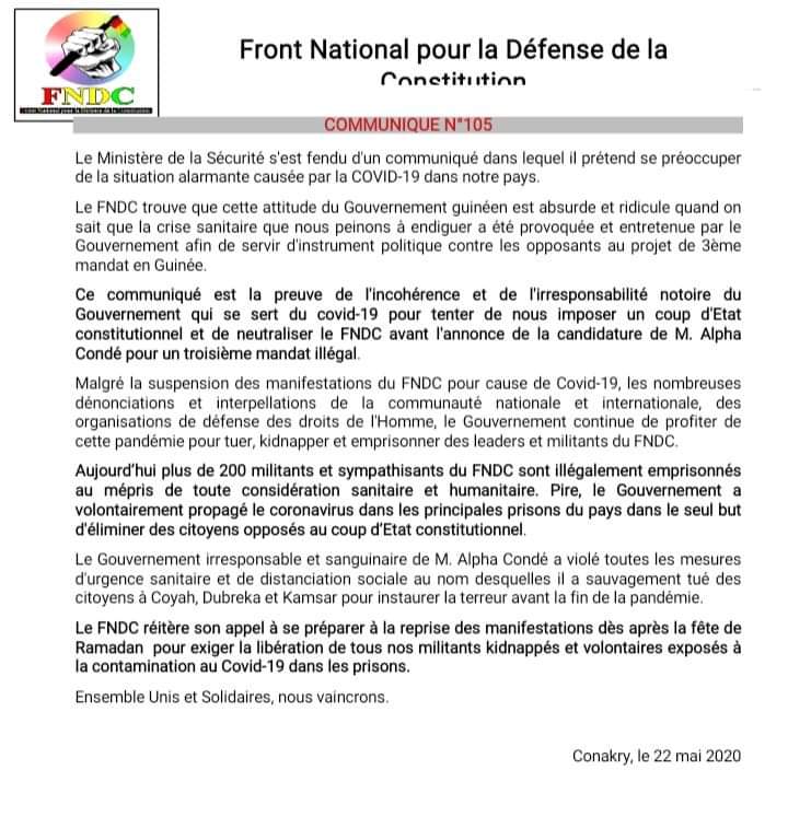 fareinta's tweet photo. Le Ministère de la Sécurité s'est fendu d'un communiqué dans lequel il prétend se préoccuper de la situation alarmante causée par la COVID-19 dans notre pays. Le @FNDC_Gn trouve que cette attitude du @GouvGN est absurde et ridicule.... #Amoulanfé #2020UnAutre #Farenta https://t.co/Blk2F9MBCU