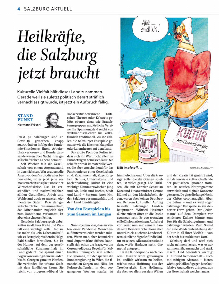 "Kultur hält unser Land zusammen."  Wir werden sehen was es den Menschen und der Politik wert ist, denn Kultur ist kostbar, also das Gegenteil von billig. <a href="/sn_aktuell/">SN aktuell</a> #hermannfröschl <a href="/BernhardFlieher/">Bernhard Flieher</a>