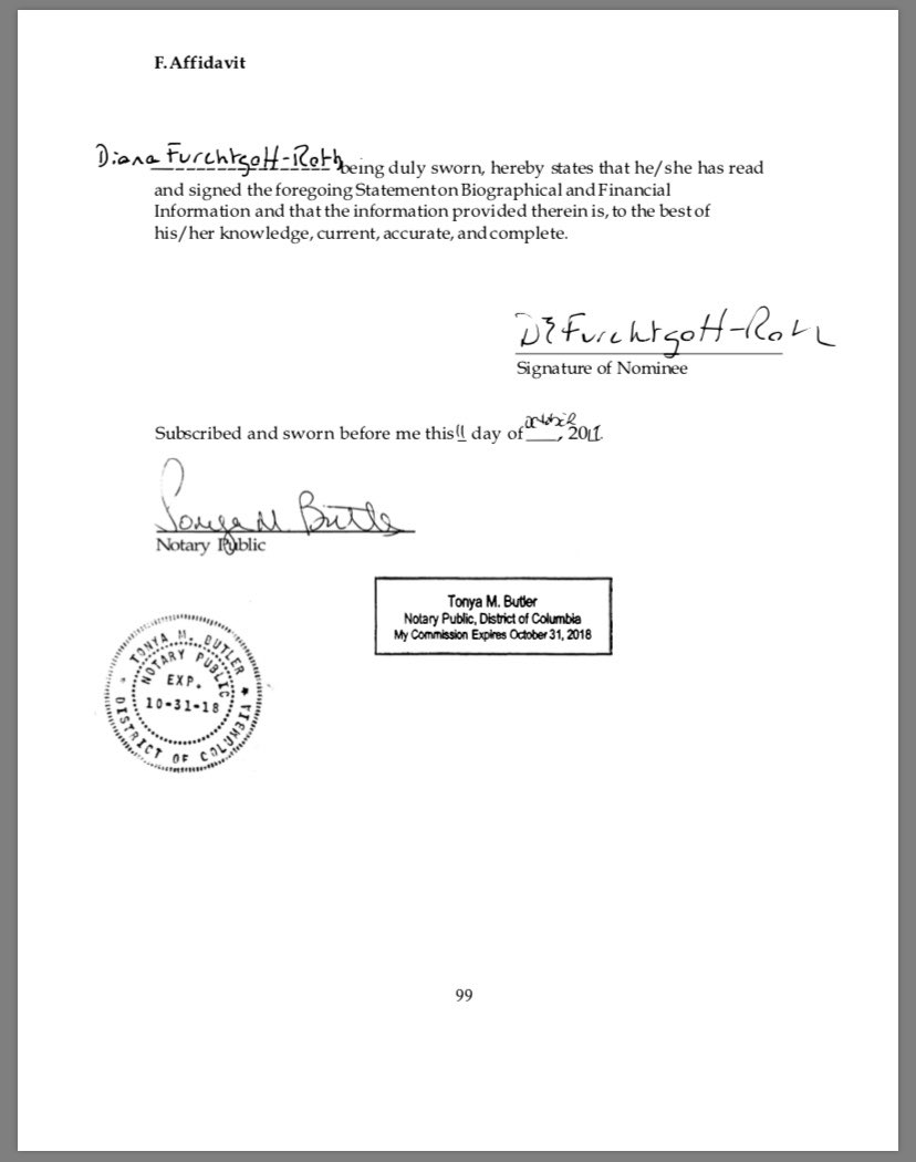 Here’s Ms. Furchtgott-Roth’s sworn affidavit, which she signed to indicate that the information in her “Biographical Information and Qualifications” statement is current, accurate, and complete “to the best of her knowledge.” (4)