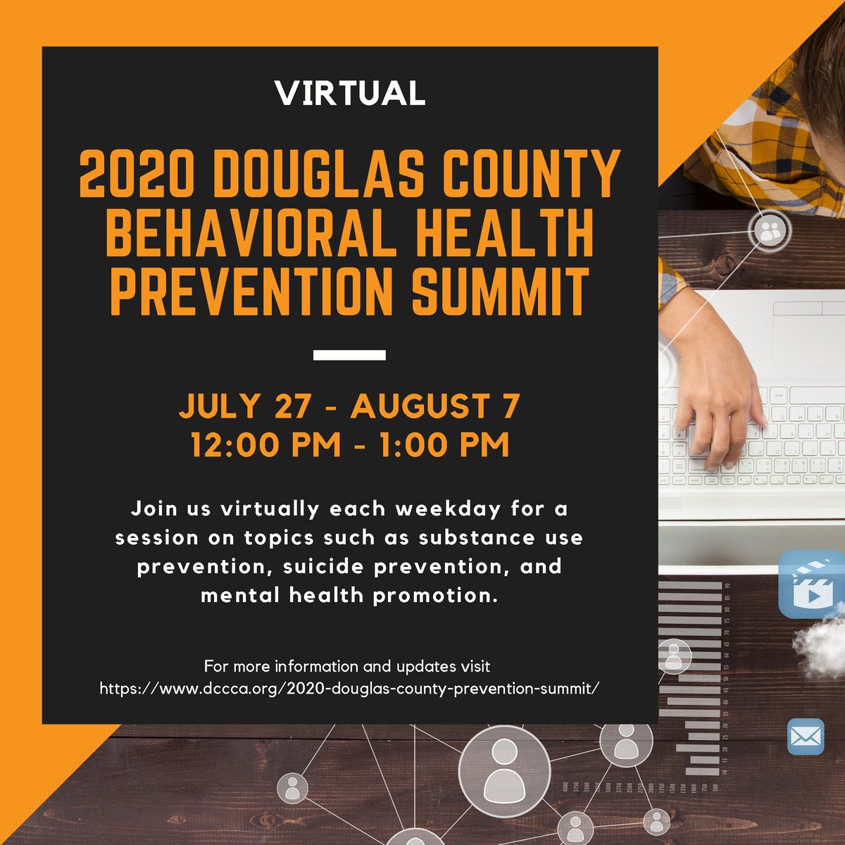 The Douglas County Behavioral Health Prevention Summit is going virtual! 
Topics will include opioid, marijuana, suicide and vaping prevention, as well as mental health promotion and supporting youth and families.
<a href="/DCCCAInc/">DCCCA</a> <a href="/LDCHEALTH/">Lawrence-Douglas County Public Health</a> @ksphq @bertnashcenter <a href="/lmhorg/">LMH Health</a> <a href="/usd497/">Lawrence USD 497</a>