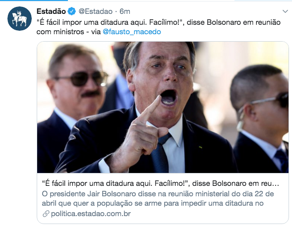 Rconstantino's tweet photo. Olha o Estadão!!! Isso que se chama distorção pelo filtro ideológico. O presidente estava justamente defendendo o povo armado para IMPEDIR essa situação, mas o jornal dá a entender que ele está flertando com um golpe. Cara de pau! https://t.co/P9xomy2vZy