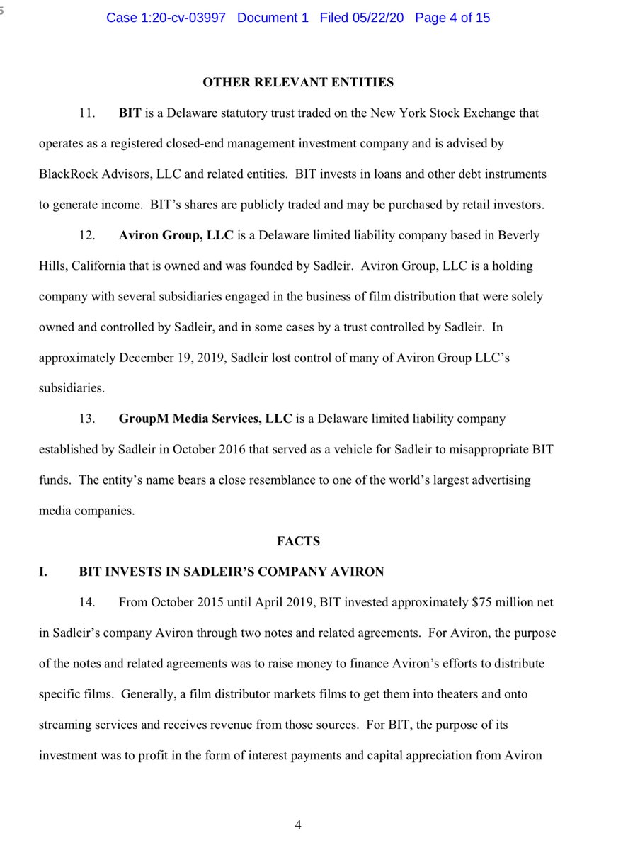 WAIT THERE’S MORE - Trifecta FRIDAY “...BlackRock Multi-Sector Income Trust a registered closed-end management investment company, invested approximately $75 million in Aviron Group LLC, a film distribution company founded, owned, and operated by Sadleir” https://www.sec.gov/litigation/complaints/2020/comp-pr2020-122.pdf