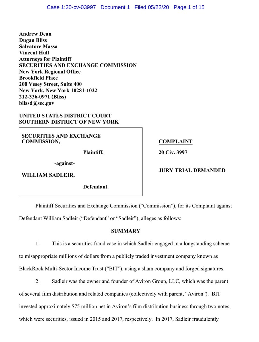 WAIT THERE’S MORE - Trifecta FRIDAY “...BlackRock Multi-Sector Income Trust a registered closed-end management investment company, invested approximately $75 million in Aviron Group LLC, a film distribution company founded, owned, and operated by Sadleir” https://www.sec.gov/litigation/complaints/2020/comp-pr2020-122.pdf