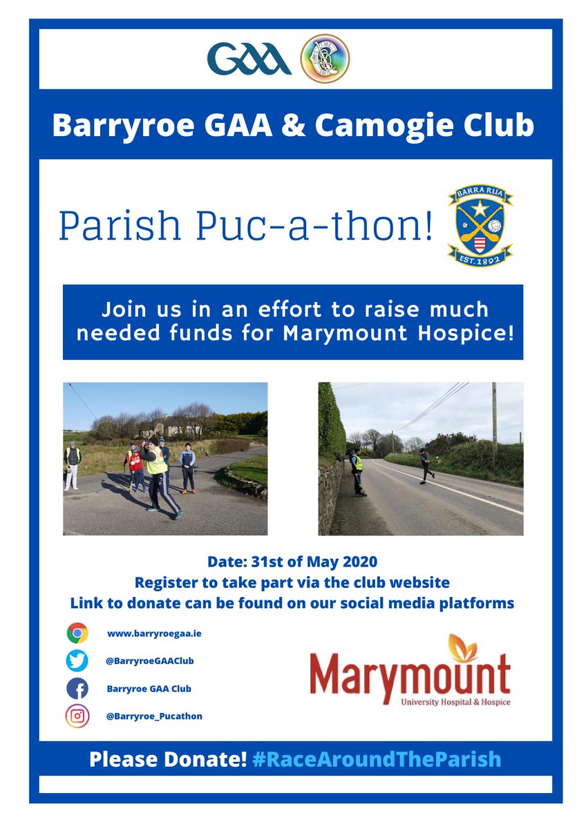 BarryroeGAAClub's tweet photo. Race around the Parish!

On Sunday 31st of May, Barryroe GAA &amp; Camogie Clubs are joining forces and will co-host a fundraiser in aid of Marymount University Hospital &amp; Hospice. More information at https://t.co/wxrQhOn8cz

All donations via gofundme page https://t.co/FZcy9W5uDJ https://t.co/AMtzXKZUW3