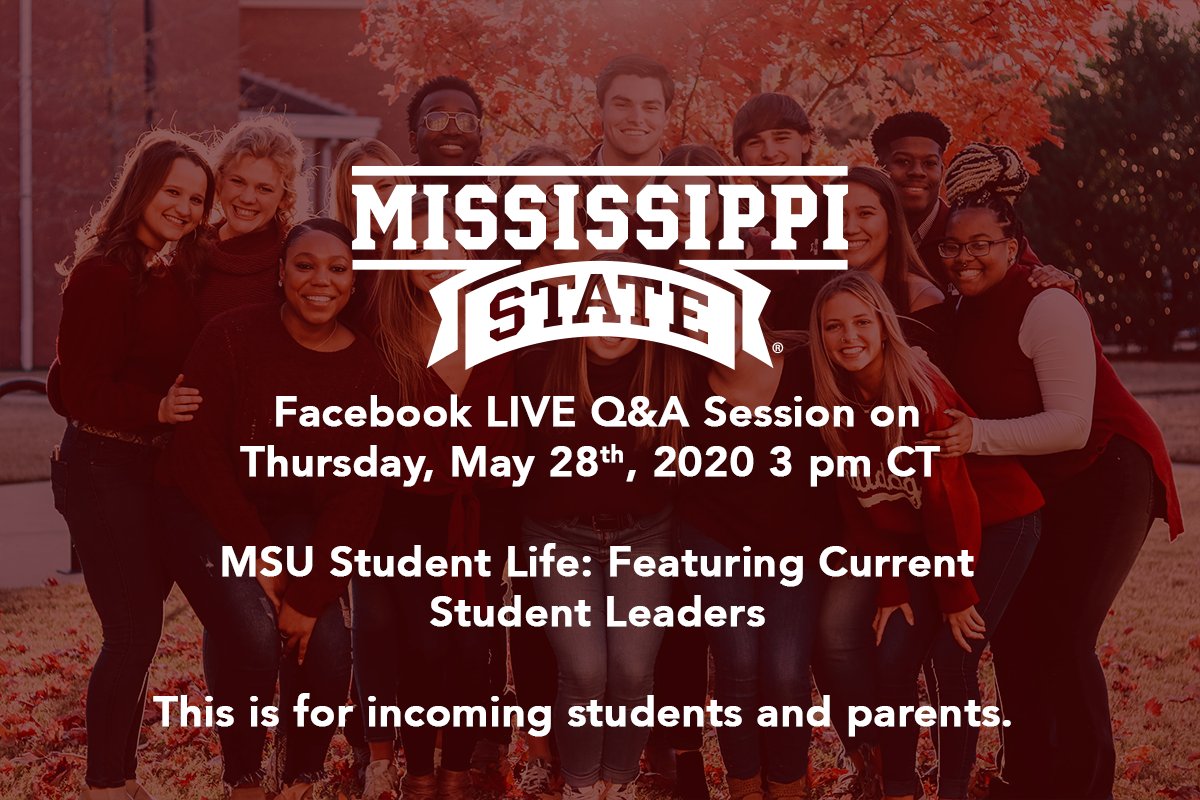 We are going Facebook Live for Round 4 on Thursday, May 28th, 3 pm CT! Mark your calendars and be sure to tune in. This session is about student life, so tweet us your questions, and we will try to get them answered next week! #ChooseMSU #BulldogBound