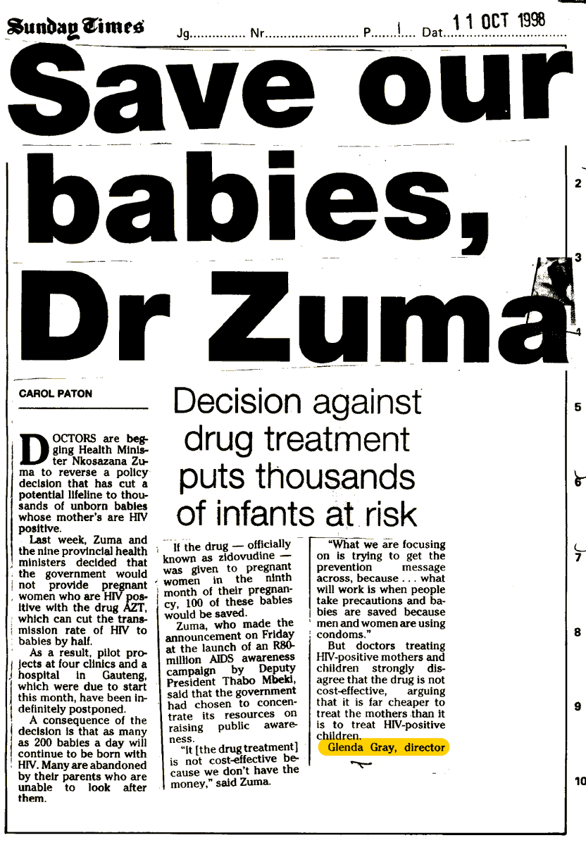 Politicsweb's tweet photo. In Oct 1998 NDZ blocked provision of AZT to prevent mother to child transmission of HIV - while ANC was secretly sponsoring Virodene. Tens of thousands of children lost their lives as a result. The doctor who spoke out against this moral abomination. One Glenda Gray. https://t.co/bLTo2aI84G