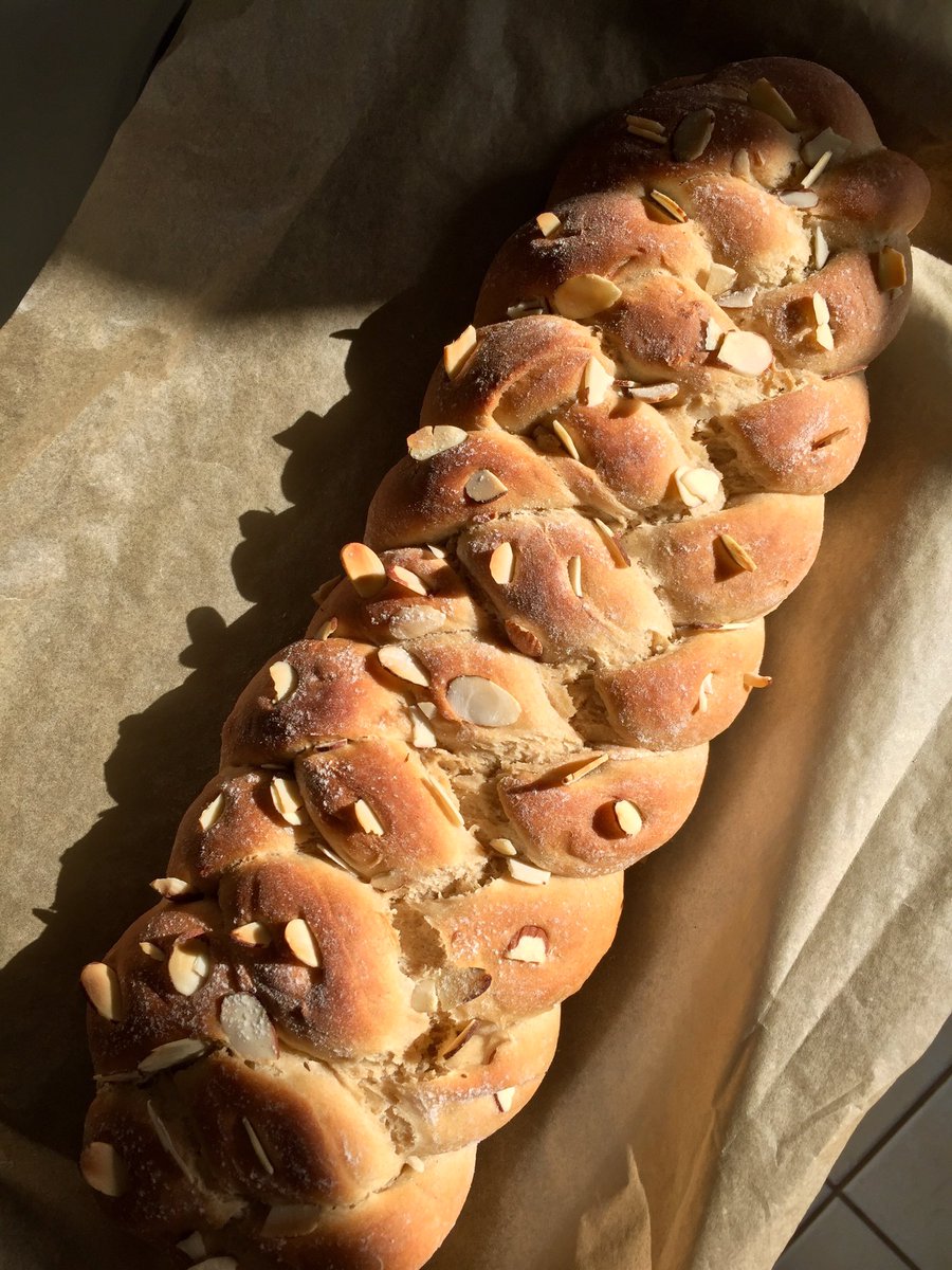 almond challah, before & after made with: sweet almond oil, almond extract, sliced almonds, cinnamon