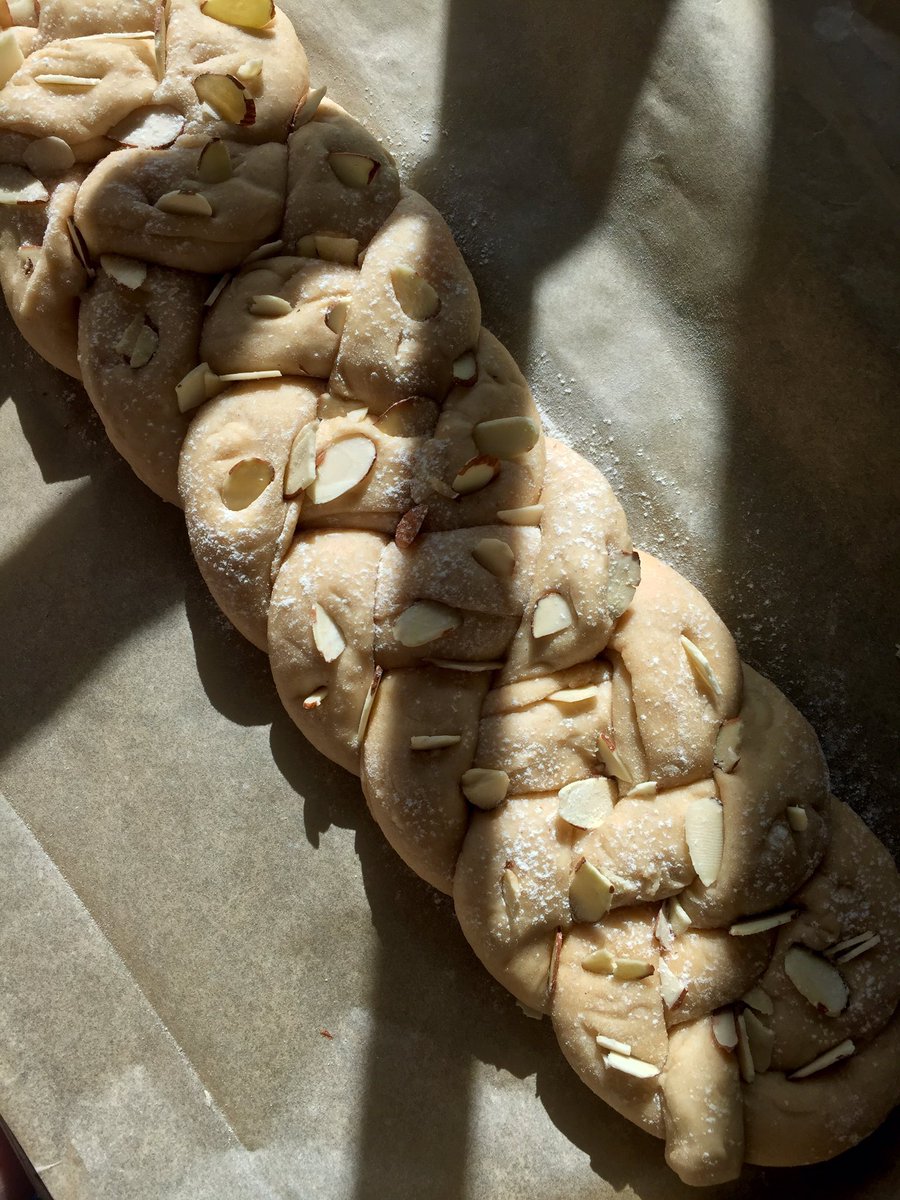 almond challah, before & after made with: sweet almond oil, almond extract, sliced almonds, cinnamon
