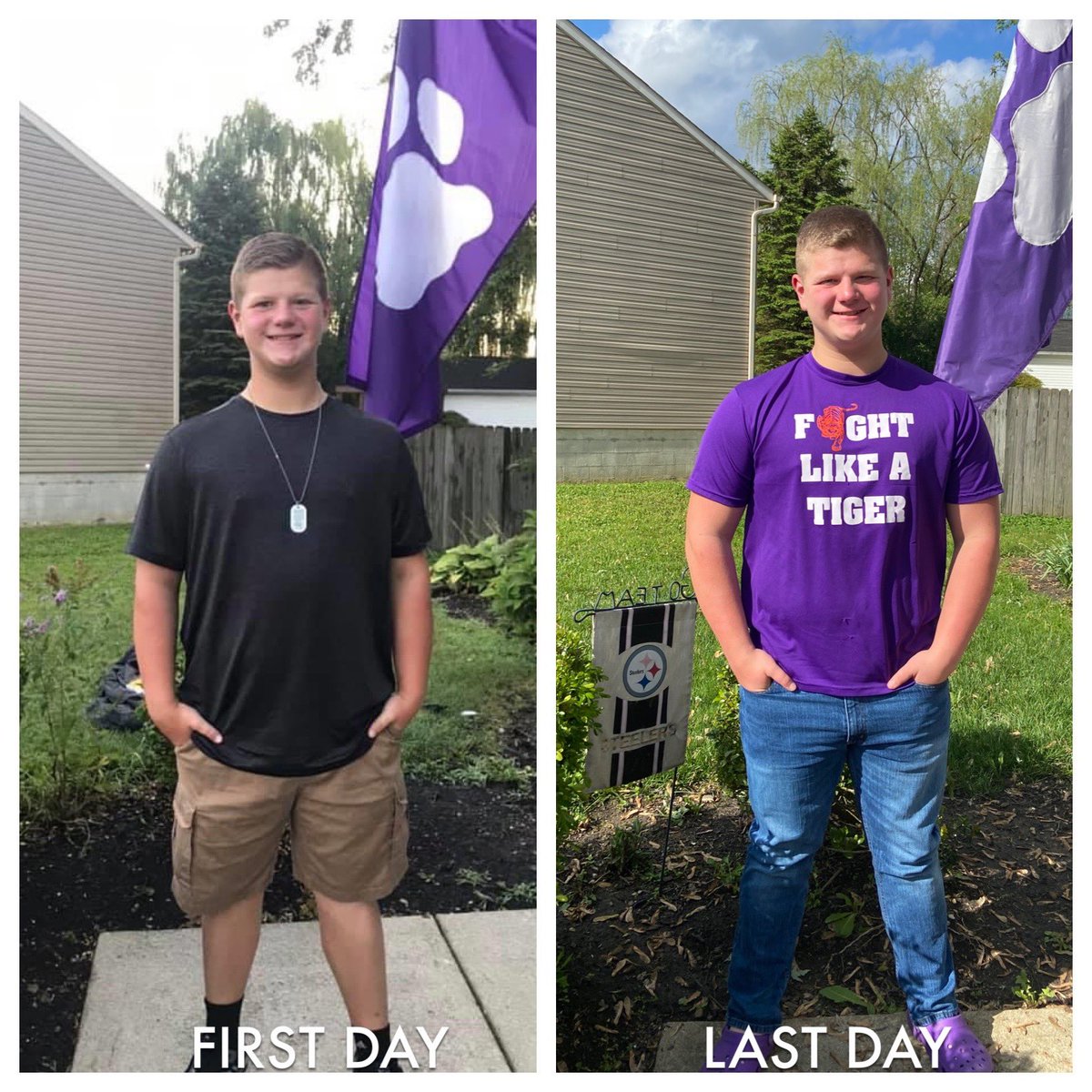 Faith4Love4Hope's tweet photo. First day of sophomore year to last day. We have a junior in this house 😳 such a difference in a year! #MyStud @PCtigerfootball @PHSC_Tigers https://t.co/ZaYyb70YfW