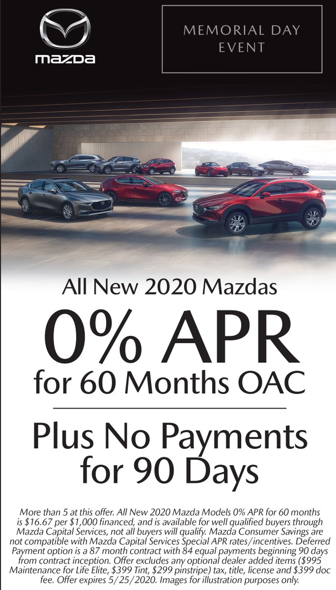jcmazdaeast's tweet photo. This Memorial Day weekend at Jim Click Mazda East get:
-0% APR for 60 Months- PLUS
-No Payments For 90 Days!- PLUS
-We Are Doubling Our Military Incentives!-
💻Shop online at https://t.co/99v1OjyxH0 💻 https://t.co/9RXBJTdS6V