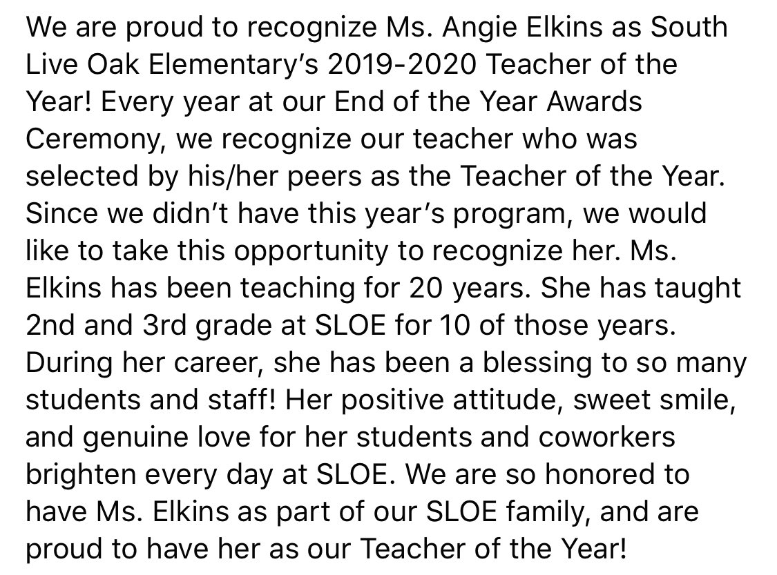 Southliveoak's tweet photo. Congratulations to our Teacher of the Year, Angie Elkins!! https://t.co/fQbUndtWC5