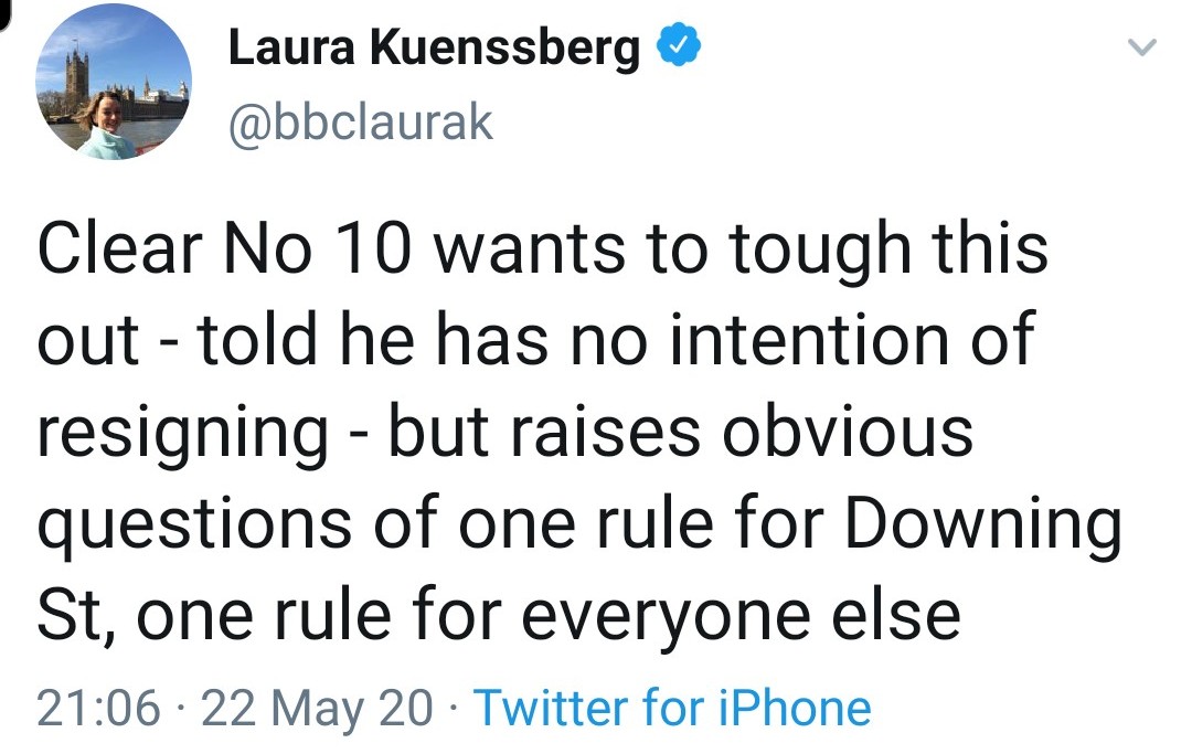 Cummings' cheerleader-in-chief  @bbclaurak cites "No 10".