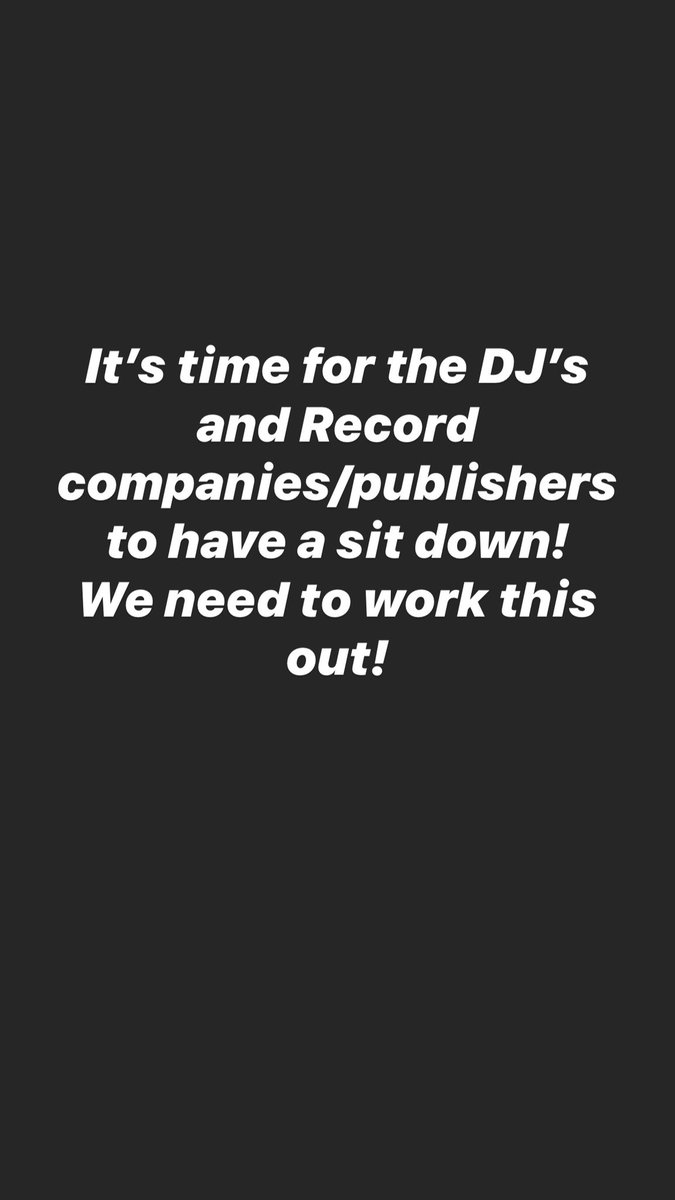 Since these are unprecedented times we need to address the elephant in the room &amp;have a sit down between the DJs &amp; the record companies/publishers to resolve this issue. As a DJ we have provided comfort &amp; an escape for people going through difficult times so now is not the time.