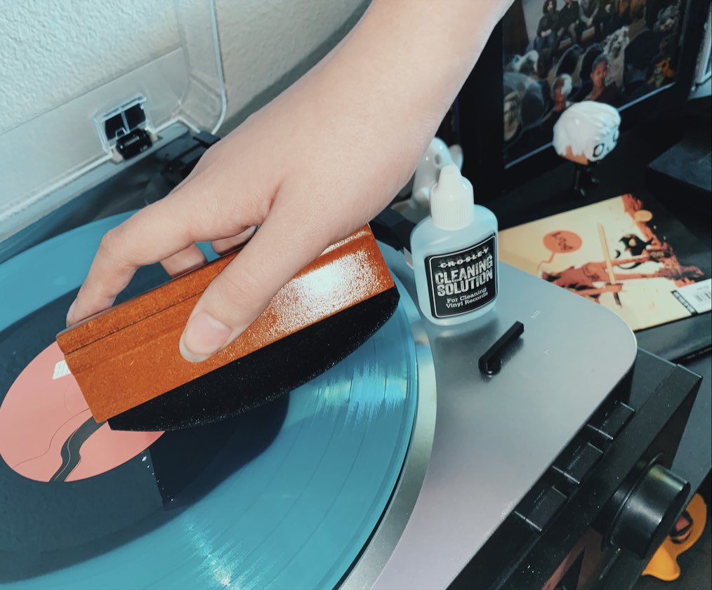  𝖈𝖑𝖊𝖆𝖓𝖎𝖓𝖌 vinyl got a smudge or some dust ? the best and easiest way to clean your vinyl is with a bit of distilled water and a microfiber cloth ! just drop the water around the vinyl and set your player to spin (not play) and gently wipe away water !