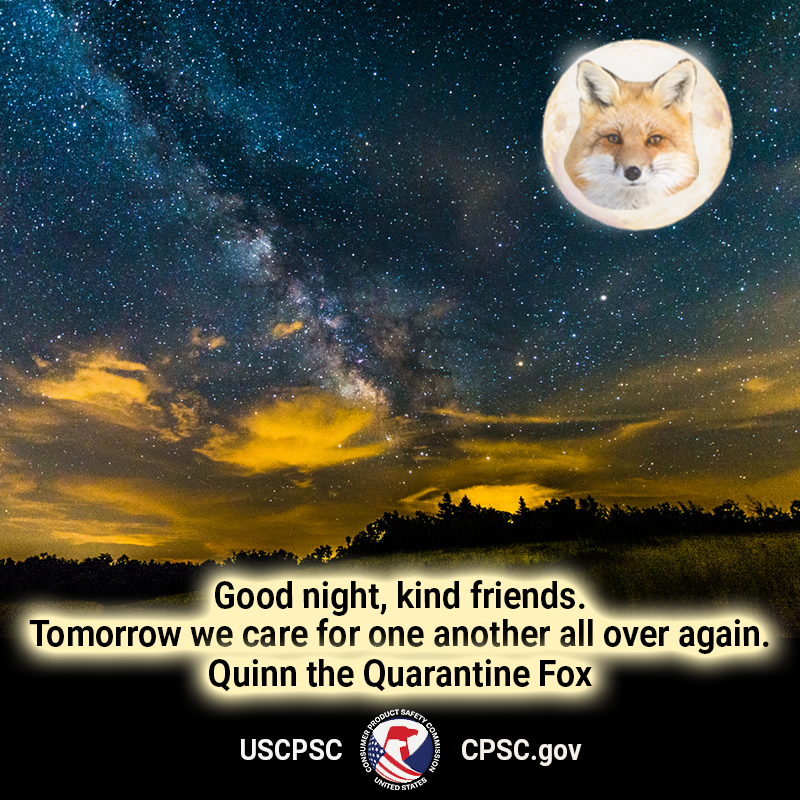 A fox in the moon over Shenandoha. The text reads: Good night, kind friends. Tomorrow we care for one another all over again. Quinn the Quarantine Fox.