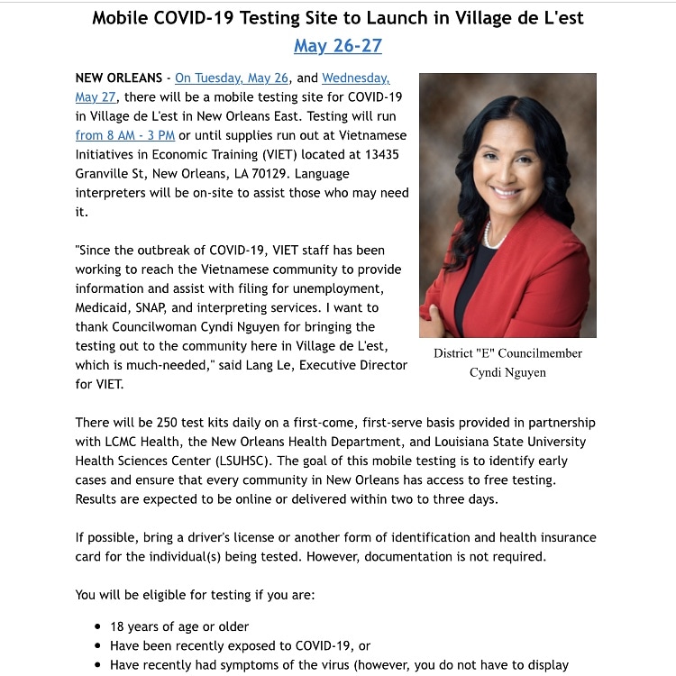Vote4Cyndi's tweet photo. We are still testing in District E. Through our partnerships with the city's Department of Health and LCMC, we will be at ViET on Tuesday and Wednessay of next week. More opportunities to get tested. #districtewherefamilycomesfirst #Believe365 @vote4cyndinguyen https://t.co/JWd389iuLC