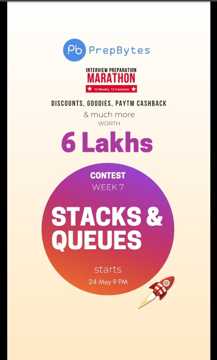 jrspvimal's tweet photo. Prepbytes Interview Preparation Marathon. Register yourself today and get a chance to win prizes worth 6 lakhs. 
https://t.co/AZNEZLPB8o

#Prepbytes #coding #codingisfun #competitiveprogramming #programming #stackqueue #Amphan #StayHomeSaveLives https://t.co/AlvS0EVXVw
