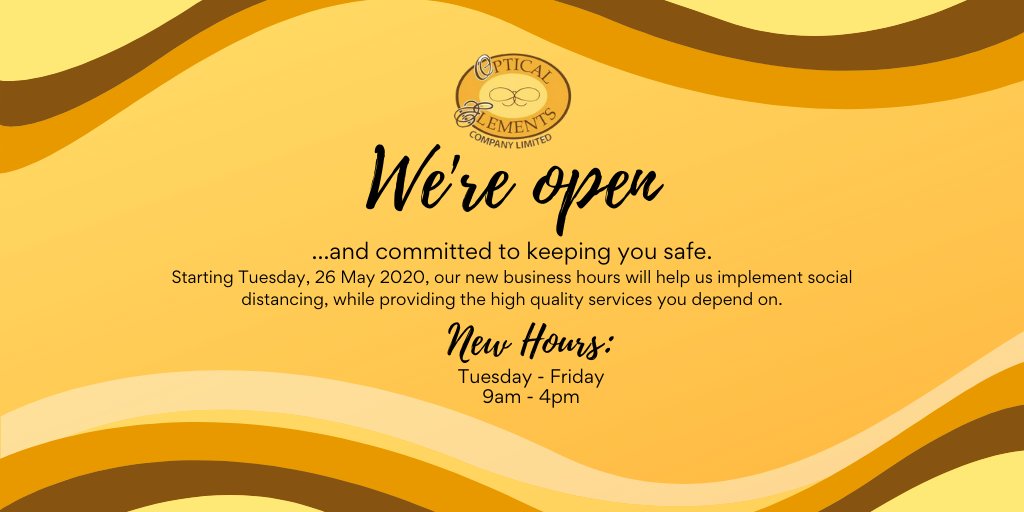 OpticalElements's tweet image. We&apos;re committed to keeping you safe. Starting next week, our new business hours will help us implement social distancing, while providing the high quality eye care services you rely on.