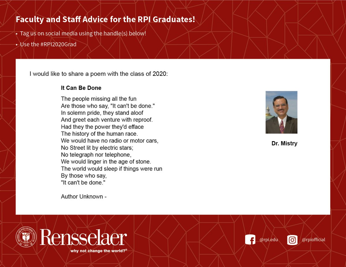 rpi's tweet image. Class of 2020, words of wisdom from Prof. Mistry! #RPI2020Grad
