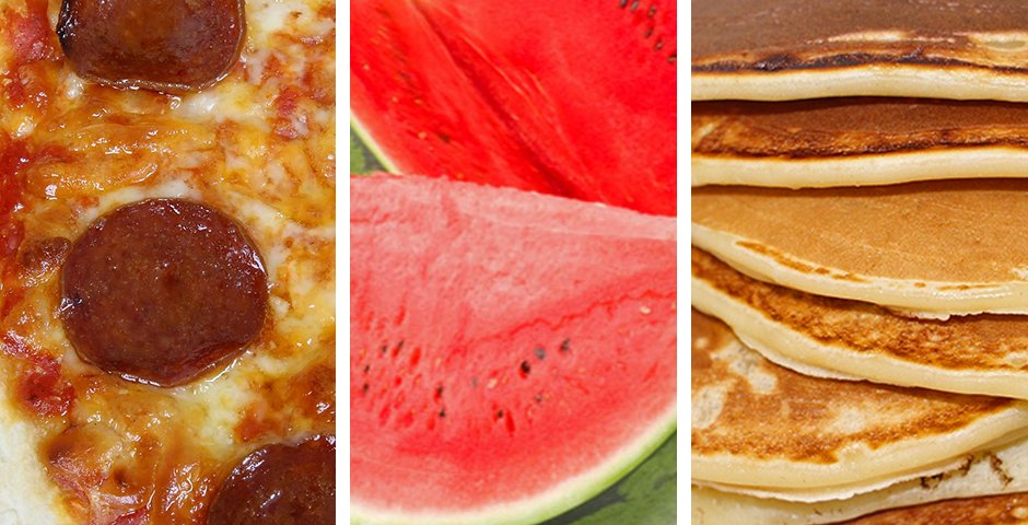 collage of pizza, watermelon and pancakes