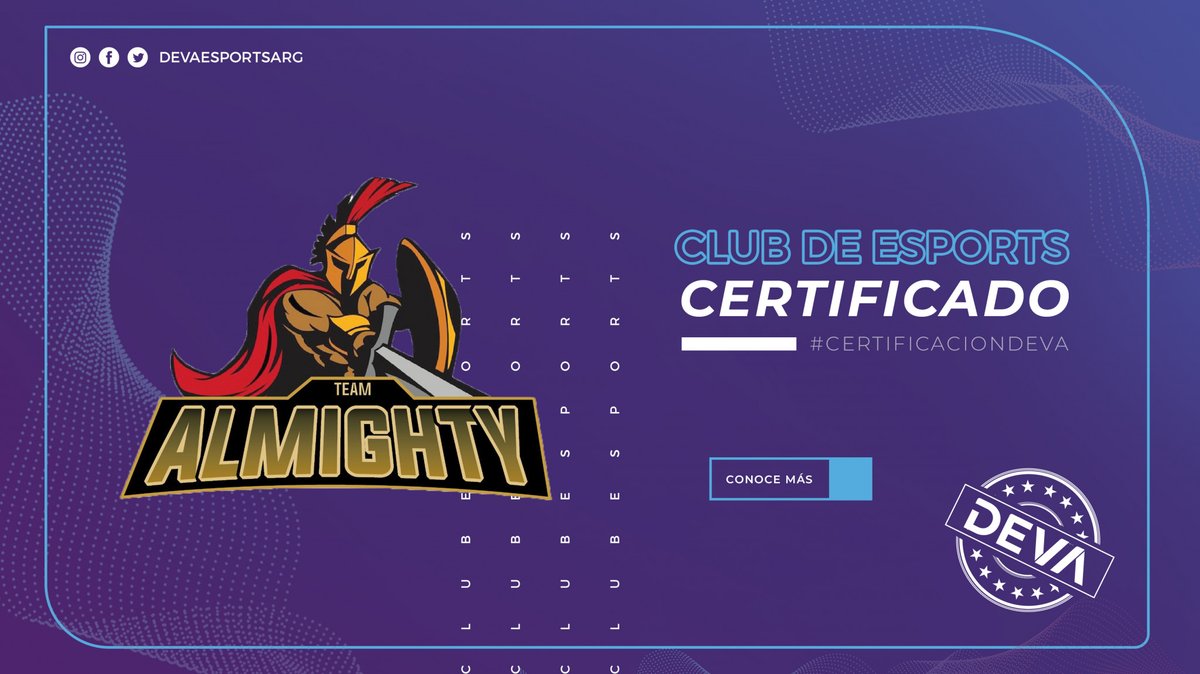 #CertificaciónDEVA 📝

☑️ #Club de #Esports Certificado: <a href="/TAlmightyGG/">𝕋𝕖𝕒𝕞 𝔸𝕝𝕞𝕚𝕘𝕙𝕥𝕪⚔️🛡️ 🧡</a>

Un equipo que ha crecido de una manera increíble en muy poco tiempo en la disciplina #ClashRoyale.

👉 instagram.com/t_almighty.cr

➡️ deva.org.ar/Certificacione…

#SomosDEVA #SomosEsports #EsportsArgentina