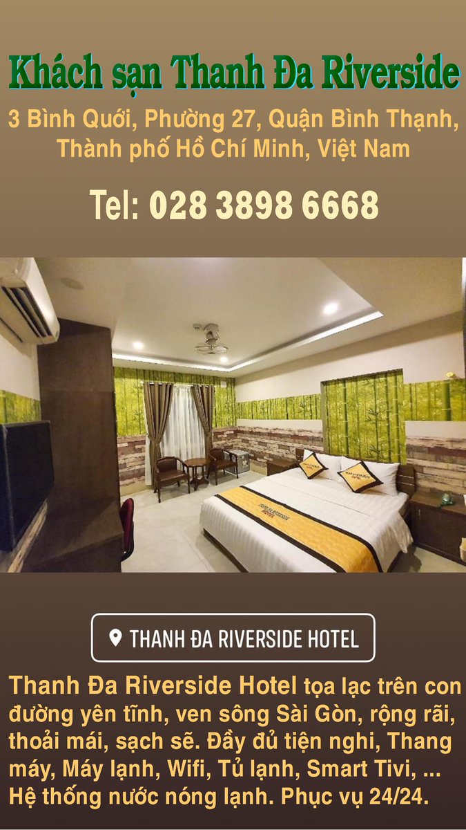 HotelsRiverside's tweet photo. #KháchSạnGiáRẻQuậnBìnhThạnh; #TanSonNhatInternationalAirport; #SanBayTanSonNhat; #SânBayTânSơnNhất; #PhoDiBoNguyenHue; #PhốĐiBộNguyễnHuệ; #PhoTayBuiVien; #PhốTây; #PhoDiBoBuiVien; #PhốĐiBộBùiViện; Khách sạn Thanh Đa Riverside ; 3 Bình Quới, P. 27, Quận Bình Thạnh https://t.co/yJ6zeVa9bx