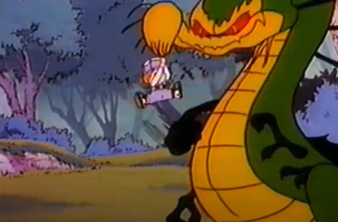 Back with the rescue party, Susan is telling Willie they have to hurry, but he's slowing down to pick flowers, when one of them has a long, unusually strong root that trips him up... because it's a dragon's whisker. Check out that dragon design. Four arms and I think four legs?