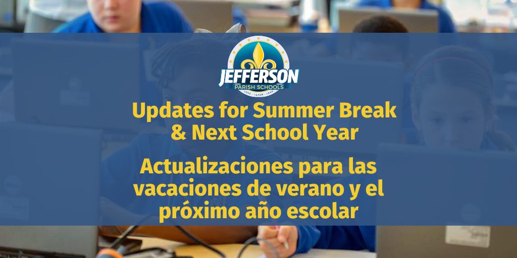 JPschools's tweet photo. Follow our link below for a special message from @cadebrumley along w/ updates about...
✅Plans for next school year
✅2020-21 school times
✅Continued supports for families &amp; employees
✅Summer school &amp; camp info
https://t.co/zYWLSbBRfU https://t.co/4YLVpjpjbe