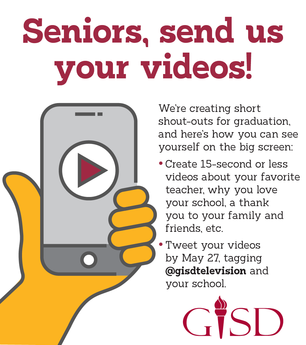gisdnoticias's tweet photo. ¡Queremos ver cada #GISD2020Grad en la pantalla grande en la ceremonia de graduación! Crea vídeos de 15 segundos o menos sobre un maestro favorito, por qué amas tu escuela, etc. Tuitea las creaciones antes del 27 de mayo, etiquetando @gisdtelevision y tu escuela. https://t.co/LM46xWnEST