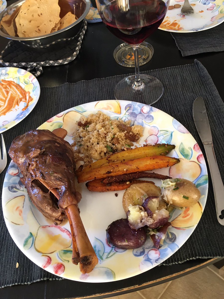 JDaleTam's tweet photo. Awesome, yummy end to a busy week with #Stofa-on-the-sofa  family meal. Lamb shank with carrots, couscous &amp; potatoes of Morrocan/ Persian influences. Take out supporting local restaurants. #StayHome #Staysafe https://t.co/E8S8oXI7Gc
