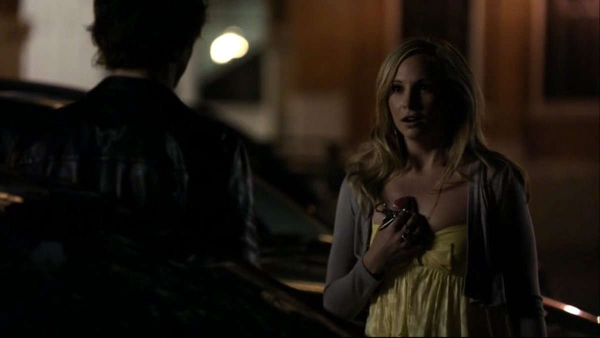 that same day to night caroline and damon meet in the grill parking lot, he apologizes for scaring her and she tells her that she hoped to see him again, and they leave together. damon never used compulsion, he never forced her. it's clear that caroline wanted to be with him