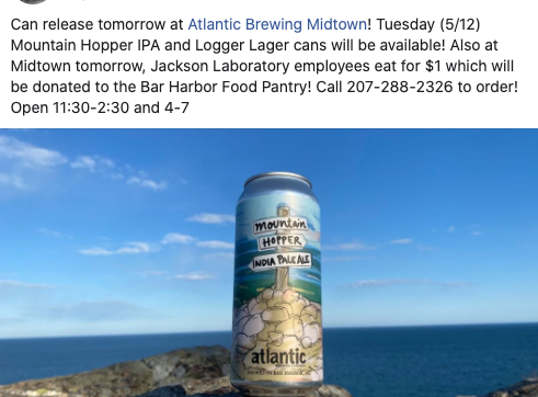  @AtlanticBrewing in Bar Harbor, offered employees working at the Jackson Laboratory (important disease research lab) meals for $1 (with all proceeds being donated to a local food pantry)