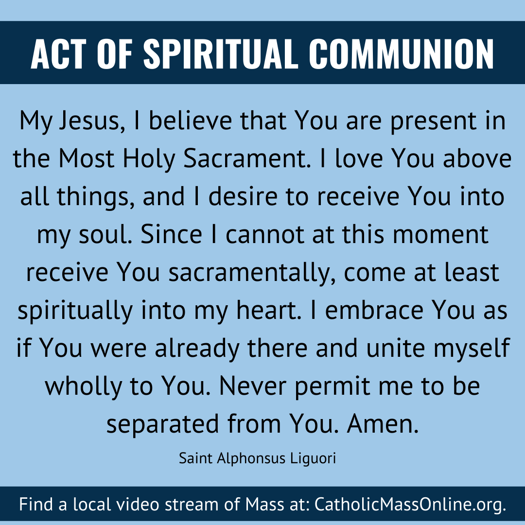 DioStPete's tweet photo. Here is the Act of Spiritual Communion to pray while watching or listening to Mass this weekend. Find a list of local video streams at https://t.co/D9Lq0uoXhf. #courageouslyliving #sharingJesusnotgerms #unitedinChrist https://t.co/py2hrDdrgj